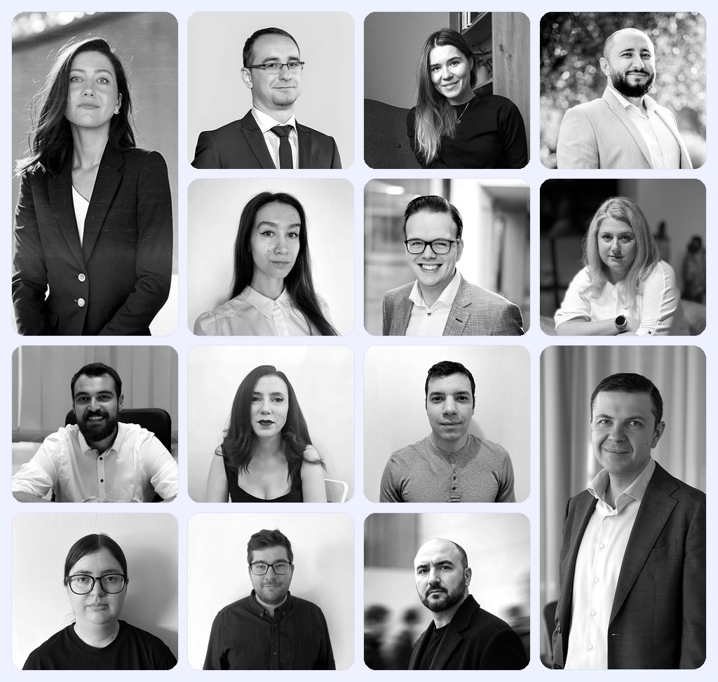 The smartIBAN team: a black-and-white collage of the people who build the product
