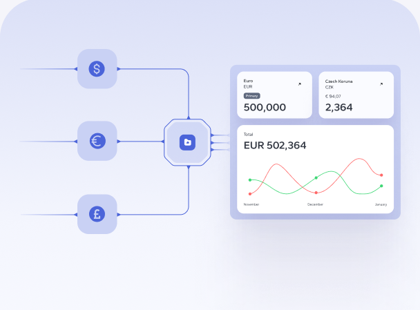 Several currency IBANs attached to a single wallet with a live balance chart