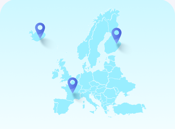 Map of Europe with local IBAN locations pinned